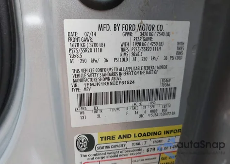 2014 Ford Expedition El Limited из США, поврежденный, VIN 1FMJK1K55EEF61524